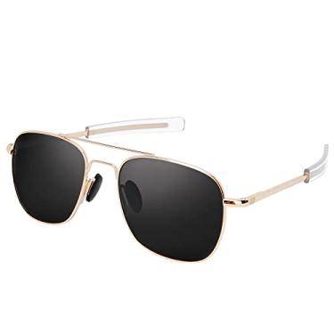 Imagem de RCXKOOM Óculos de sol masculino aviador militar piloto militar americano polarizado, hastes baioneta, Armação dourada, lente preta, 55mm