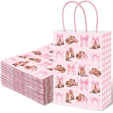 Imagem de JarThenaAMCS 24 peças de sacos de papel vaqueira ocidental, laço rosa, chapéu de vaqueira, saco de presente com alça, saco de guloseimas de doces para chá de bebê, lembrancinha de festa de aniversário