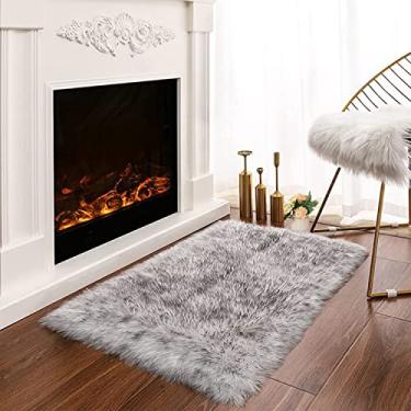 Imagem de Latepis Branco com pontas cinzas pequeno lavável macio tapete felpudo 2x3 tapete felpudo tapete de pele de carneiro sintética para almofada tapete de gato decoração de casa retangular