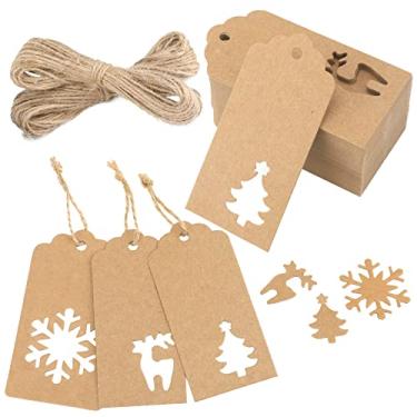Imagem de 150 peças de etiquetas de presente de Natal Kraft com cordão, 3 estilos de etiquetas vazadas, flocos de neve, árvores, caramelo, etiquetas de presente personalizadas para embalagem, casamento, aniversário, festas de Natal, sacolas de presente e feriado