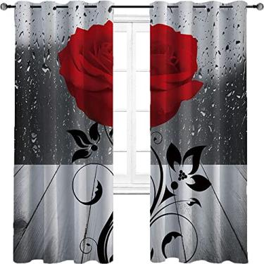 Imagem de Cortina blecaute rosa vermelha com ilhós, gotas de água realistas 3D cinza em tábua de madeira antiga, tecido impermeável, para quarto, jardim de infância, sala de estar, L 106 x C 163 cm preto