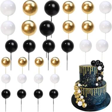 Imagem de HQKJGSYX 24 peças de enfeite de bolo de feliz aniversário DIY cupcake preto e branco emparelhado com balões de espuma dourada para meninas meninos chá de bebê aniversário festa de casamento decoração