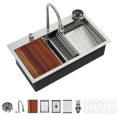 Imagem de Pia de cozinha com cascata de 83 cm, pias inteligentes para estação de trabalho de 83 x 48 x 23 cm, pia de cozinha com torneira combinada, aço inoxidável, calibre 16, pias de montagem superior