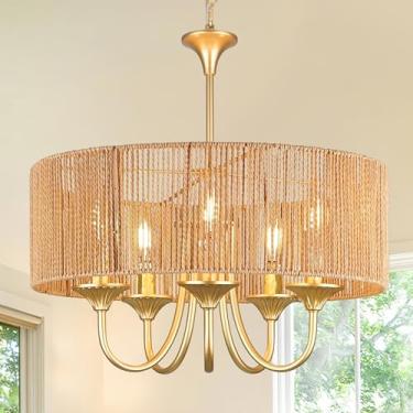 Imagem de Bagood Luminária Pendente De Vime Dourada Com 5 Lâmpadas, 19,7", Lustre Boho, Tambor Trançado Cúpula Mão Para Sala Jantar, Cozinha E Ilha