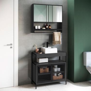 Imagem de Conjunto de Gabinete para Banheiro Industrial Avis 2 PT com Armário Phoebe 2 PT Preto e Grafite e Cuba Branca