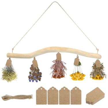 Imagem de Ohmique Prateleira de secagem de ervas para pendurar com 25 etiquetas de presente marrons e 25 peças de fio de juta natural, prateleira de secagem de madeira rústica para secador de plantas, flores e