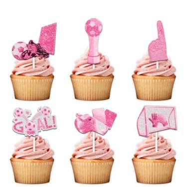 Imagem de 18pcs Pink Glitter Football Ball Dessert Cupcake Topper Pick for Soccer World Cup Theme Decorations Women Girls Athletes Happy Birthday Party Decor Supplies