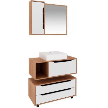 Imagem de Kit Gabinete Balcão E Espelheira De Banheiro Cuba Karina Amêndoa-branco