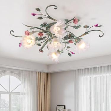 Imagem de MeiXtrevar Luminária de teto para lustre de flores, lâmpada de teto rosa de cerâmica rosa claro com abajur de vidro, luminária de teto embutida para sala de estar, quarto, sala de jantar, corredor