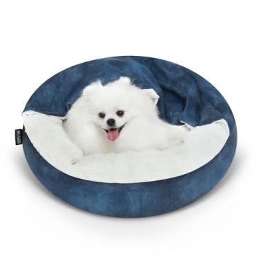 Imagem de Cama de cachorro pequeno e cama calmante para gatos com conforto para dormir cama antiansiedade para animais de estimação com cobertor com capuz lavável na máquina fundo antiderrapante azul marinho