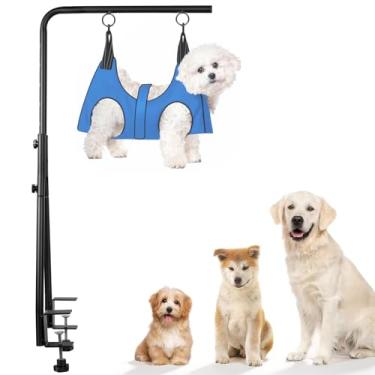 Imagem de WeGXY Braço de mesa de tosa para cães com rede, braço ajustável de 89 cm de altura com braçadeira dupla para cães pequenos e médios, laço de cuidados e suporte para não sentar
