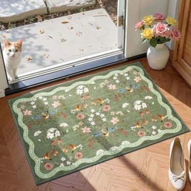 Imagem de jinchan Tapete de entrada floral 2x3 macio lavável tapete de cozinha oriental antiderrapante pequeno tapete baixo Chinoiserie entrada interna leve tapete de flores para banheiro, entrada de lavanderia