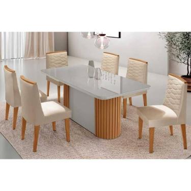 Imagem de Conjunto Sala de Jantar Pilar c/ Tampo Madeirado c/ Vidro Canto Curvo 180x90cm e 6 Cadeiras Maldivas Madeira Maciça Naturale/Off White - Capuccino/Sue