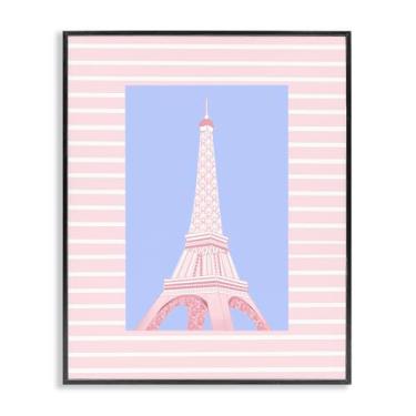 Imagem de Stupell Industries Torre Eiffel sobre listras rosa preto emoldurado giclée design de arte por Pooja Dave, 76 x 61