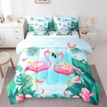 Imagem de jejeloiu Conjunto de edredom de flamingo rosa, solteiro, 7 peças, folha de palmeira, folhas tropicais, flores, floral, decoração animal, verão, natureza, cama em uma bolsa com edredom, lençóis,