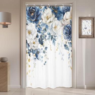 Imagem de Omifly Cortina de chuveiro floral azul e branca 91 cm L x 182 cm barraca pequena flor estreita rosa planta botânica marinha aquarela flores silvestres com 7 ganchos de plástico tecido à prova d'água