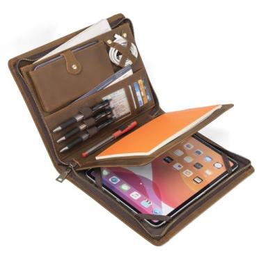 Imagem de Augus Carteira de couro genuíno com zíper para homens/mulheres, currículo de negócios A4/Pad, organizador de pastas, com bolso para documentos, janela para identidade, compartimentos para cartões