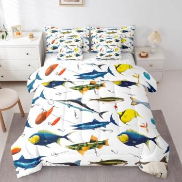 Imagem de jejeloiu Conjunto de edredom de peixe, solteiro, 7 peças, para pesca e caça, verão, subaquático, animal, criatura marinha, cama com edredom, lençóis, fronhas e capa de almofada