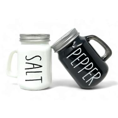 Imagem de Conjunto de saleiro e pimenteiro, 2 peças preto e branco com tampa de aço inoxidável, decoração de cozinha moderna, acessório de bancada de mesa de jantar, vidro e pintado à mão (113 g)