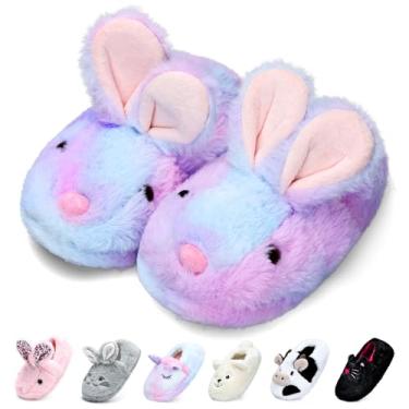 Imagem de Pantufas WateLves para crianças, pantufas para meninos e meninas, pantufas de coelho para casa, sapatos quentes de inverno para quarto (coelho tingido, 26/27)