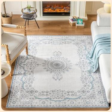 Imagem de Istana Tapete de 10 x 15 cm - Tapetes brancos creme e azul 10 x 15 cm - Tapetes laváveis à máquina para crianças e animais de estimação - Tapete de área de 10 x 15 cm Tapete antiderrapante e não solta