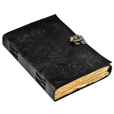 Imagem de Livro de feitiços em branco das sombras com fecho de cadeado vintage feito à mão de couro Luna Moths e borboleta Morpho em relevo diário de oração bruxaria pagã suprimentos Wiccan Decor Notebook