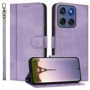 Imagem de JanCalm Capa carteira para Moto G Stylus 2025, compartimentos para dinheiro, alça de pulso, capa de design minimalista, proteção de couro PU premium, capas com suporte (roxa)