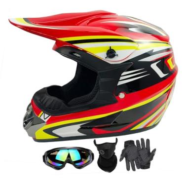 Imagem de Capacetes infantis de motocross, motocicletas, BMX, quadriciclos, off-road, quatro rodas, capacetes de rosto inteiro para bicicleta Moutain aprovados por pontos (luvas de proteção facial) (CX-vermelho