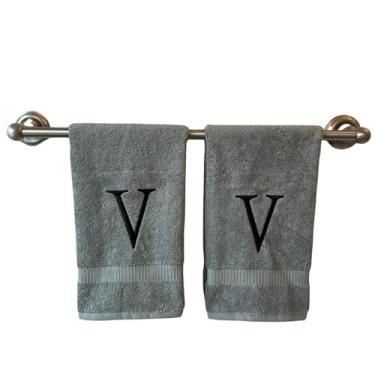 Imagem de Toalha de mão cinza inicial para banheiro - Toalha bordada decorativa de qualidade de hotel de luxo monograma para lavabo, spa - Certificado orgânico GOTS - Conjunto de 2 letras pretas V
