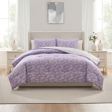 Imagem de Nestl Conjunto de edredom tamanho casal – cama lavanda em uma bolsa, conjunto de cama reversível, 3 peças, conjunto de cama floral macio, edredom botânico para todas as estações com fronhas