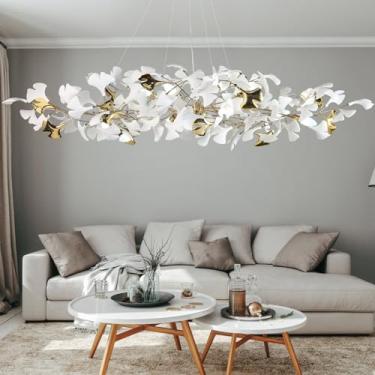 Imagem de GREMLBUK Candelabro retangular branco de 150 cm lustres de folha de ginkgo de cerâmica dourada lustre grande de latão luminária moderna para sala de estar, sala de jantar, cozinha, ilha, 10 luzes