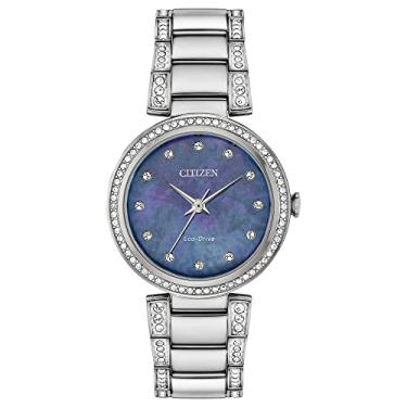 Imagem de Citizen Relógio feminino clássico de cristal Eco-Drive, 3 ponteiros, mostrador madrepérola, inoxidável/azul, Clássico
