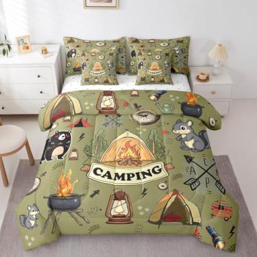 Imagem de Erosebridal Jogo de cama infantil casal de acampamento feliz, 7 peças, tema floresta, urso, esquilo, trailer, trailer, trailer, decoração de acampamento, lençol com elástico + lençol de cima