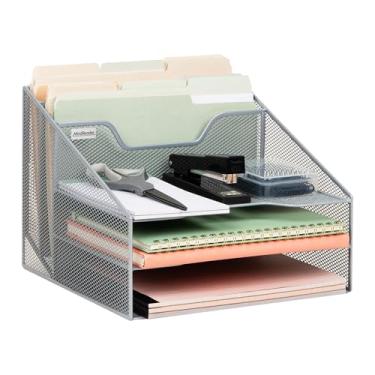 Imagem de Mind Reader Organizador de mesa, suporte de arquivo vertical, bandejas de papel, escritório, malha de metal, 30 cm C x 28 cm L x 24 cm A, prata
