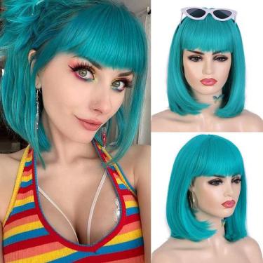 Imagem de Peruca Lady Miranda Teal Short Bob com franja para mulheres de 30 cm