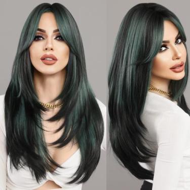 Imagem de Peruca 7JHH WIGS longa e reta com franja de cortina verde 60 cm