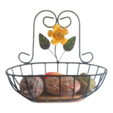 Imagem de Fruteira de Parede 1 Andar em Ferro e Madeira Oval P - Art MM, Amarelo