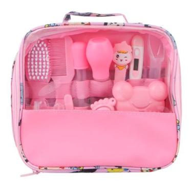 Imagem de Kit Higiene Bebê Rosa Escova De Dedo Tesoura Bolsa