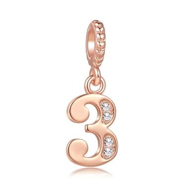 Imagem de MiiFort Lucky Number 3 Three 3th Charm Fits Pandora Charms Braceletes Joias de Aniversário Presentes para Mulheres Ouro Rosa Cristal Zircônia Cúbica Transparente