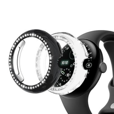Imagem de Wugongyan Pacote com 2 capas protetoras para Google Pixel Watch 4 41 mm Bling Single Row Crystal Diamonds Hard PC Capa protetora de borda para acessórios Pixel Watch 4 (preto + transparente, 45 mm)
