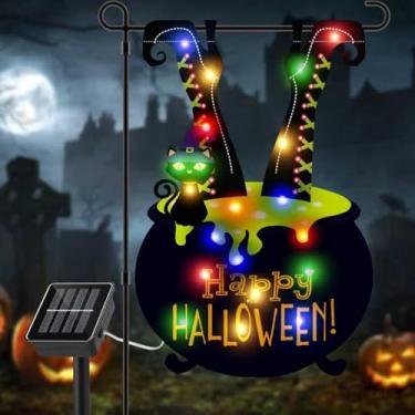 Imagem de Gosuoa Bandeira de jardim iluminada com LED de Halloween para o exterior, 30,5 x 45,7 cm, bandeira solar dupla face, formato de pés de bruxa, decorações de Halloween para pátio e varanda de casa