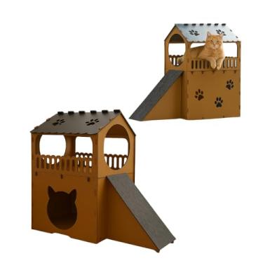 Imagem de Mondo Box Casa para Gatos Beliche Dois Andares Toca Cama em Mdf Caramelo Arranhador Rampa Brinquedo Diversão Casinha Gatinho Casa Grande Luxo Carpete Parquinho Gatos Filhotes e Adultos