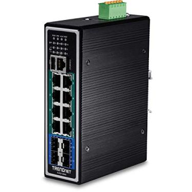 Imagem de Interruptor de trilho DIN gerenciado TRENDnet 12 portas Gigabit industrial Poe+ Layer 2 +, 240 watts de energia econômica, classificação IP30, proteção vitalícia, Ti-PG1284i