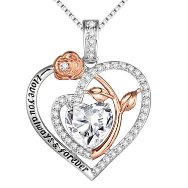 Imagem de Awinesn Colares de coração rosa para mulheres, pingente de pedra do mês de nascimento para mulheres, joias de aniversário, presentes de Natal para sua mãe, esposa, namorada, non, Cobre, Sem Pedra