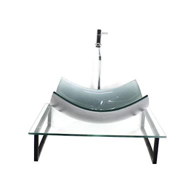 Imagem de KIT CUBA DE VIDRO RETANGULAR 10MM PRATA COM TAMPO 50CM INCOLOR E SUPORTE PRETO