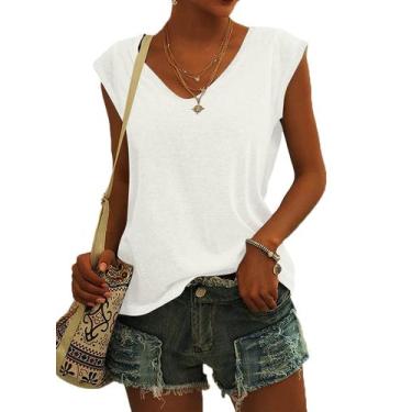Imagem de Camiseta feminina AUSELILY, manga curta, decote em V, solta, branca
