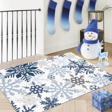 Imagem de Livcoz Tapete lavável de inverno azul floco de neve 5 x 8 m, tapetes pequenos antiderrapantes para neve de Natal, decoração de casa, tapete de porta de entrada, tapete de chão, sala de estar, sala de