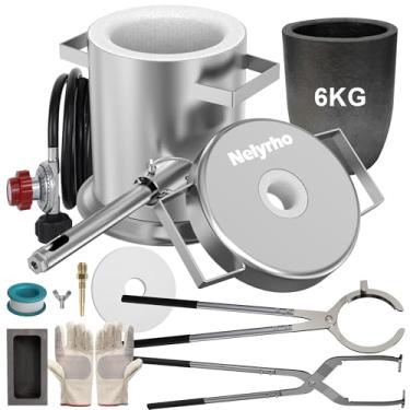 Imagem de Nelyrho Kit de fornalha de derretimento de propano de 6 kg com duas pinças de cadinho, fundição completa de aço inoxidável Klin Tocha de oxigênio fundição ouro prata cobre alumínio metal reciclado 1,482 °C