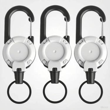 Imagem de Chaveiro retrátil resistente, suporte de crachá de mosquetão multiferramentas, 3 peças, porta-crachá retrátil, cordão de aço inoxidável atualizado, adequado para homens e mulheres (branco e preto)