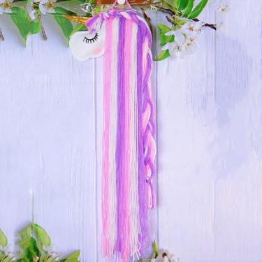 Imagem de Suporte de laço de cabelo de unicórnio, organizador de presilhas para meninas, com borlas de fio rosa choque arco-íris, para decorações temáticas de festa arco-íris
